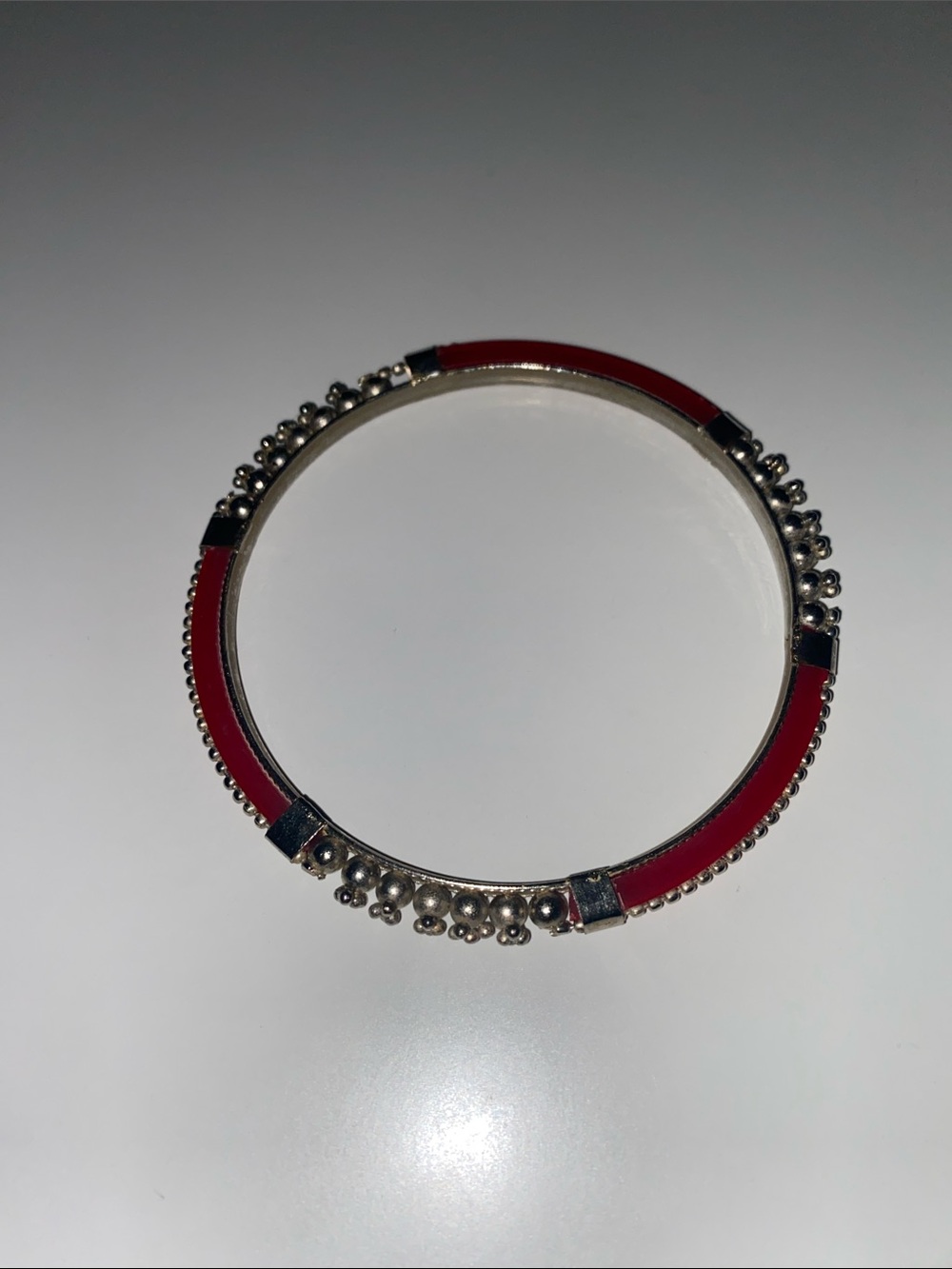 Red Enamel Silver Bead Bangle Bracelet